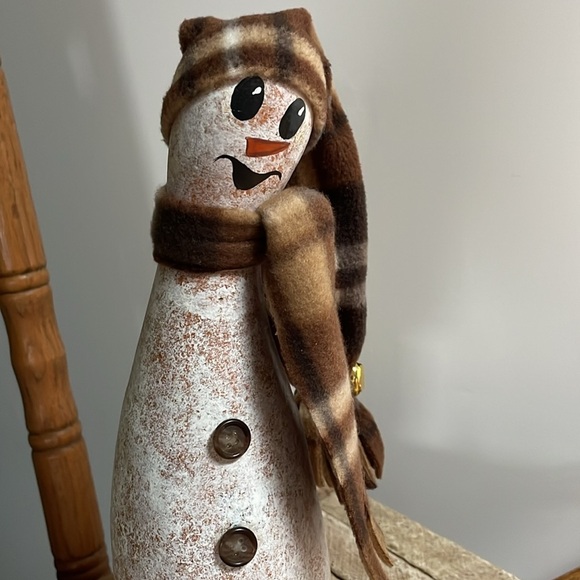 Snowman Gourd winter decoration Christmas bell brown plaid hat & scarf buttons - Picture 1 of 10